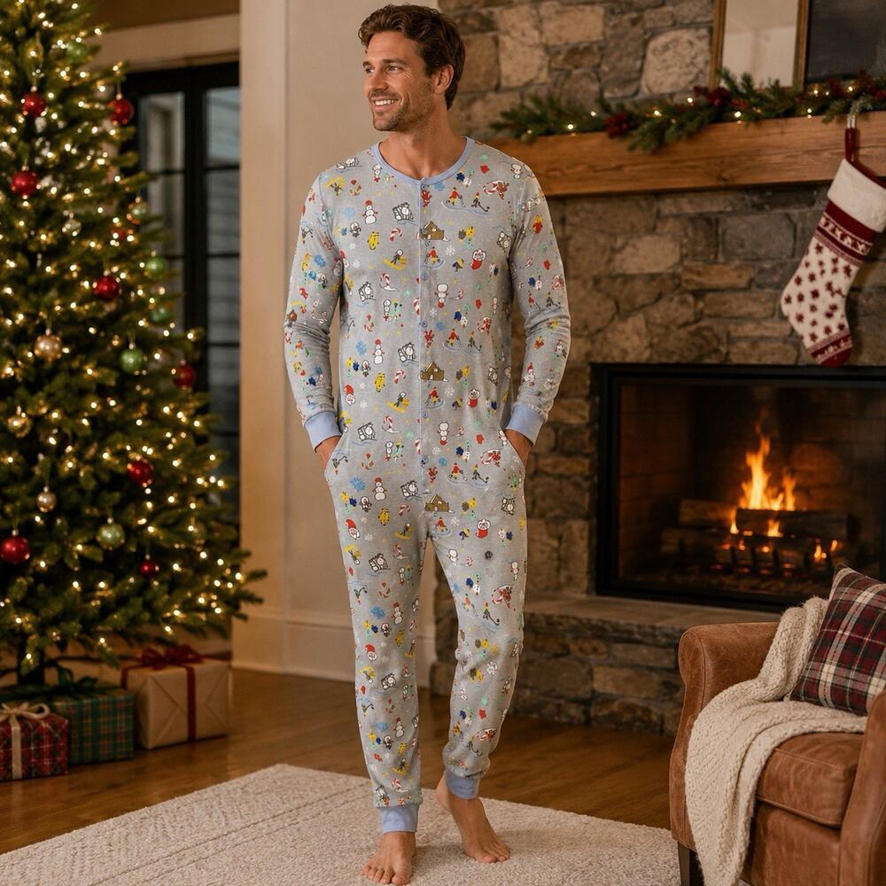 Arborist Mens XXL Christmas Union Suit Pajamas Santa Skiing Snowman Long Johns